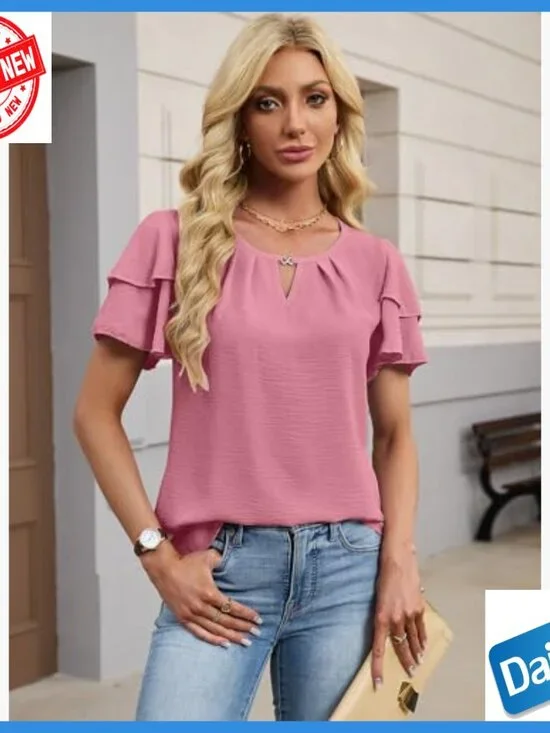 Textured Ruffle Sleeve V-Neck Blouse, Loose Fit Polyester Top for Work Casual - Picture 3 of 7